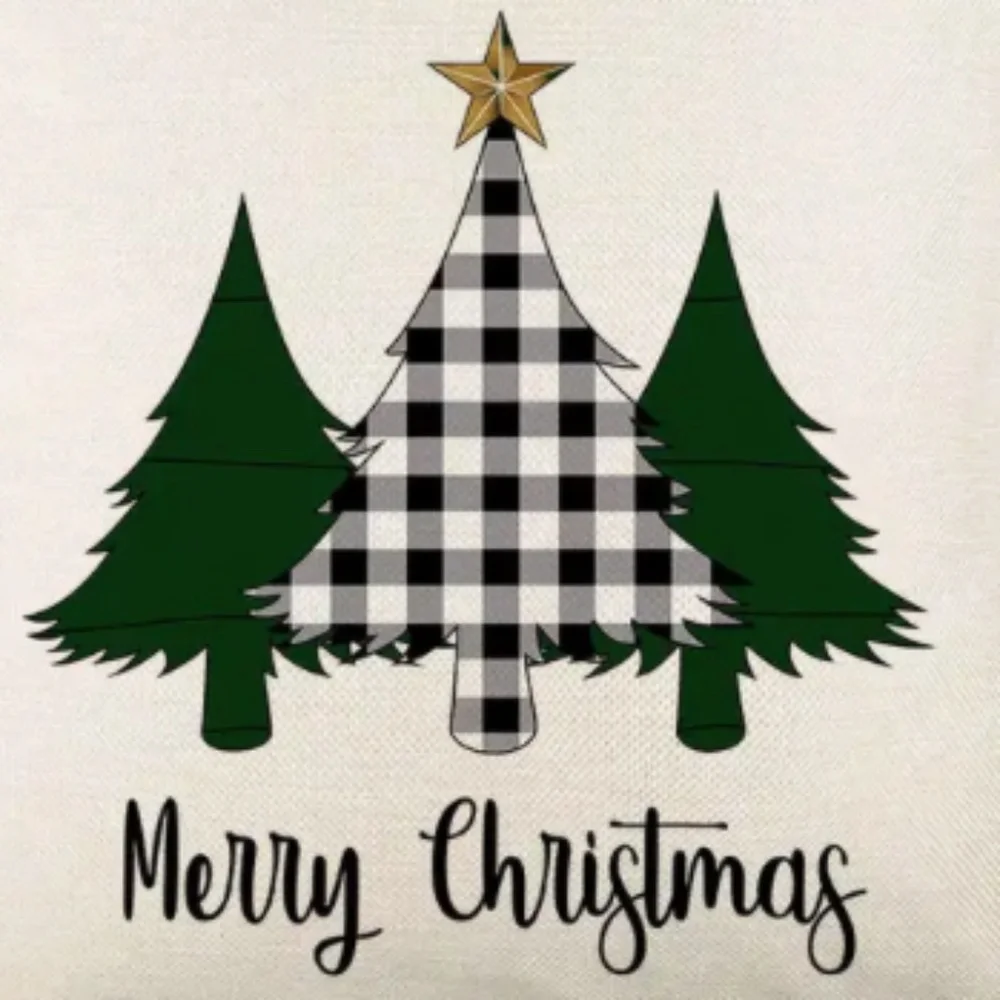 NEW HOLIDAYS MERRY CHRISTMAS BUFFALO CHECK TREES STAR LINEN PILLOW COVER 17.7